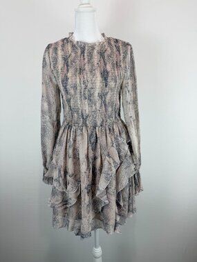 Olivaceous Snake Print Smocked Ruffle Mini Dress Boho Romantic Size M